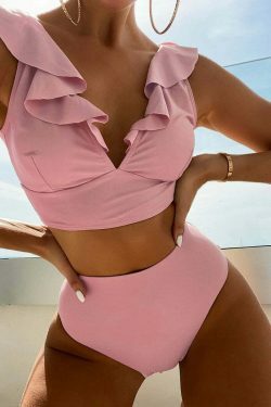 Coquette Aesthetic Ruffled V-Neck High Waist Bikini - Y2K Fashion Swimwear