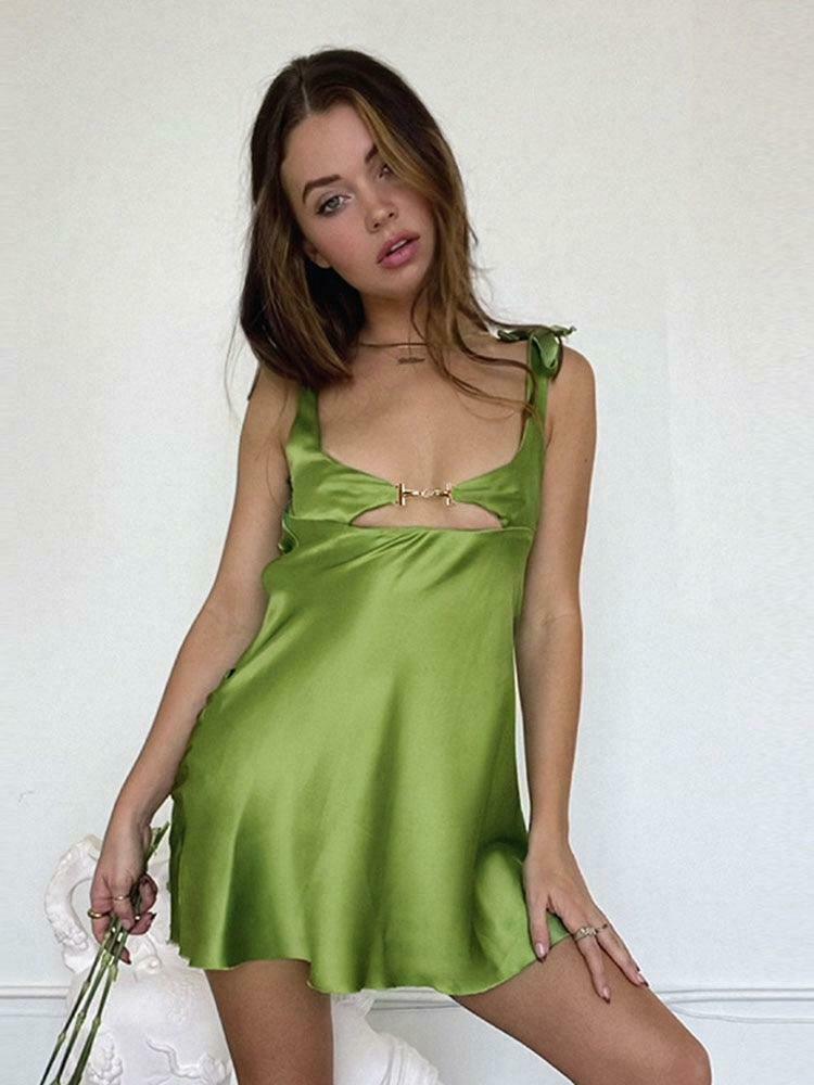 Coquette Aesthetic Satin Chain Dress with Cut-Out Detail - Y2K Fashion Statement Piece