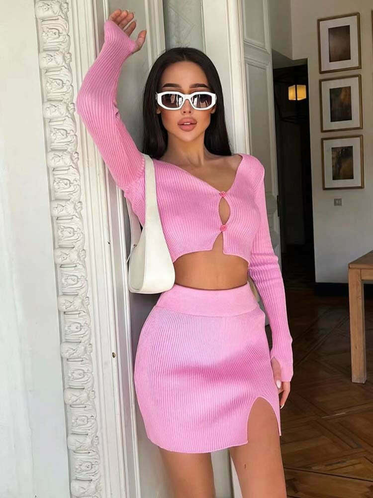 Coquette Aesthetic Scarlett Slit Button-Up Set - Y2K Fashion Outfit