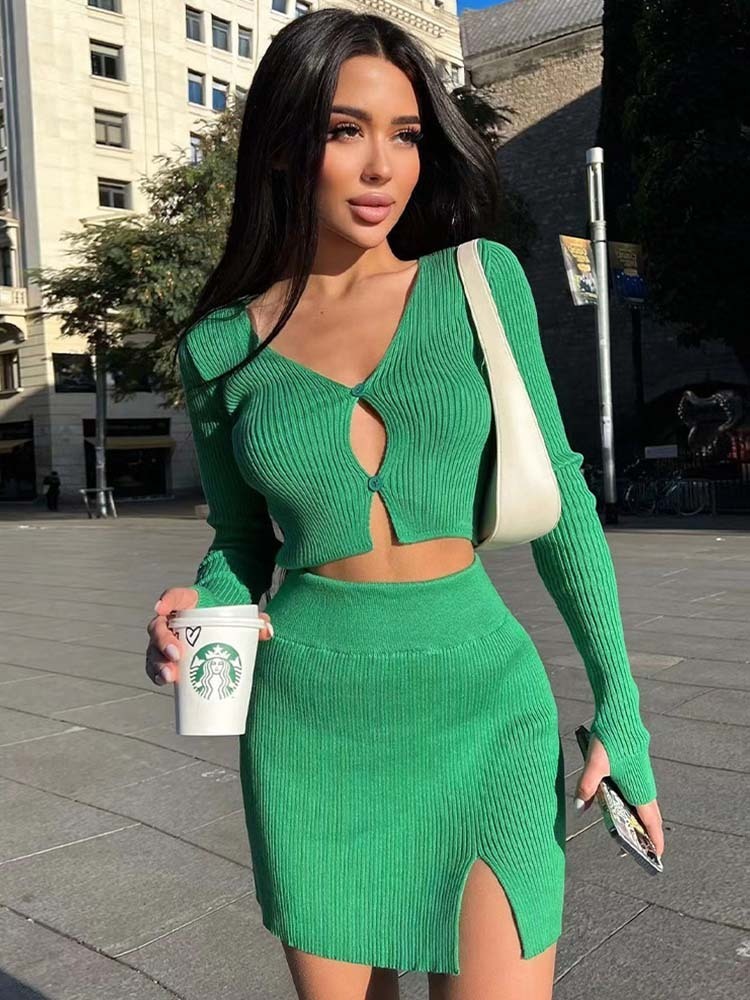 Coquette Aesthetic Scarlett Slit Button-Up Set - Y2K Fashion Outfit
