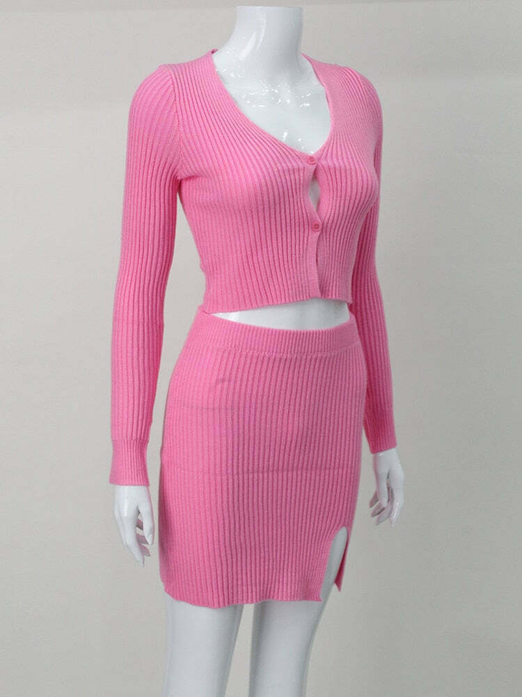 Coquette Aesthetic Scarlett Slit Button-Up Set - Y2K Fashion Outfit