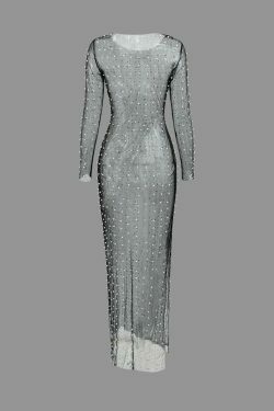 Coquette Aesthetic Sheer Mesh Pearl & Rhinestone Maxi Dress for Women - Y2K Fashion Statement