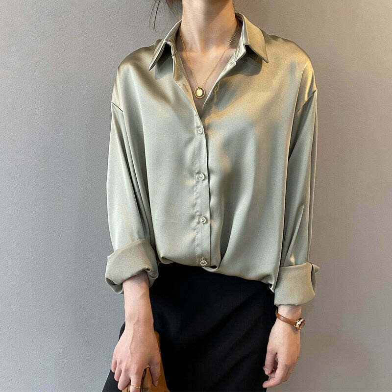 Coquette Aesthetic Simona Satin Shirt - Y2K Fashion Women's Top for Grunge & Pastel Goth Style