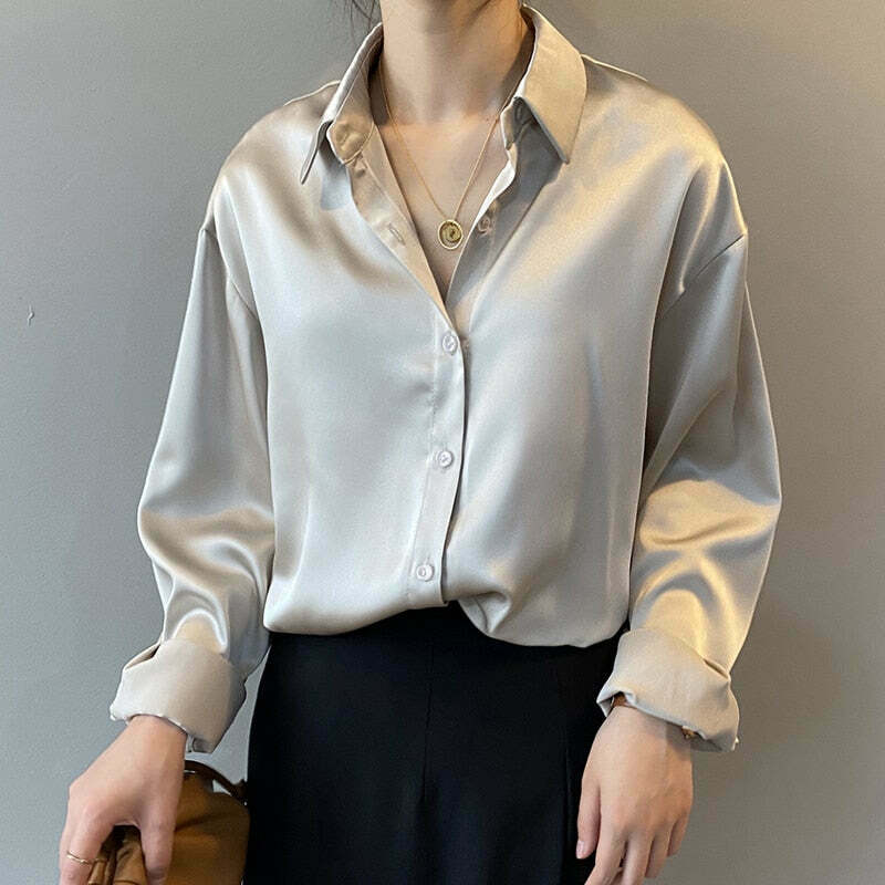 Coquette Aesthetic Simona Satin Shirt - Y2K Fashion Women's Top for Grunge & Pastel Goth Style