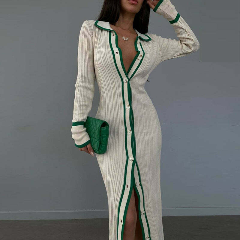 Coquette Aesthetic Slim Lapel Long Cardigan Dress for Women - Y2K Fashion Outfits
