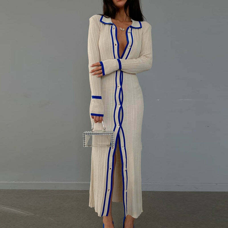 Coquette Aesthetic Slim Lapel Long Cardigan Dress for Women - Y2K Fashion Outfits