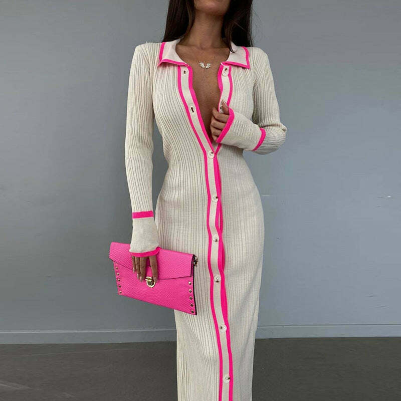 Coquette Aesthetic Slim Lapel Long Cardigan Dress for Women - Y2K Fashion Outfits