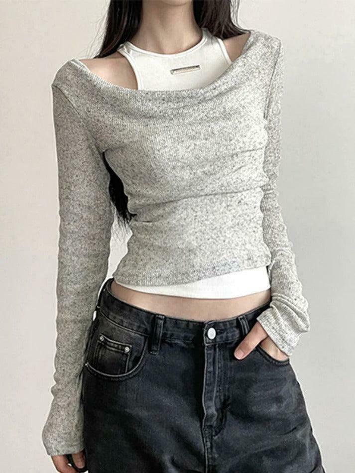 Coquette Aesthetic Slim Tank Top with Cowl Neck - Y2K Fashion Long Sleeve Knit