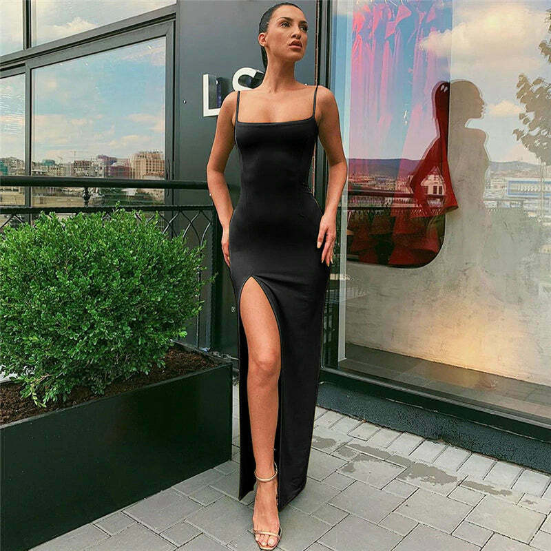 Coquette Aesthetic Slit Maxi Dress: Y2K Fashion, Grunge Style, Pastel Goth, Cute Tops, Cargo Skirt