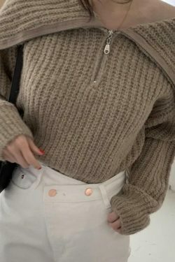 Coquette Aesthetic Solid Big Lapel Neck Half Zip Sweater