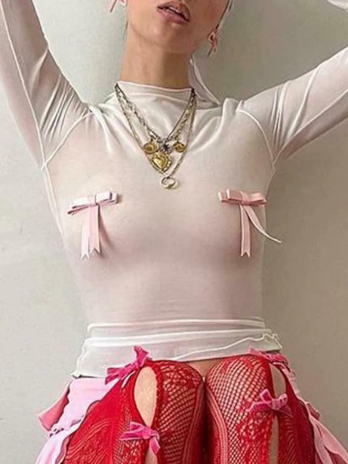 Coquette Aesthetic Solid Bow Decor Long Sleeve Tee