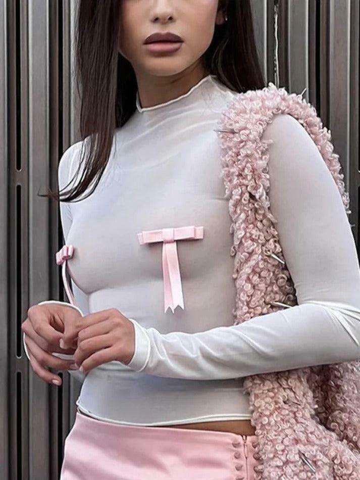 Coquette Aesthetic Solid Bow Decor Long Sleeve Tee