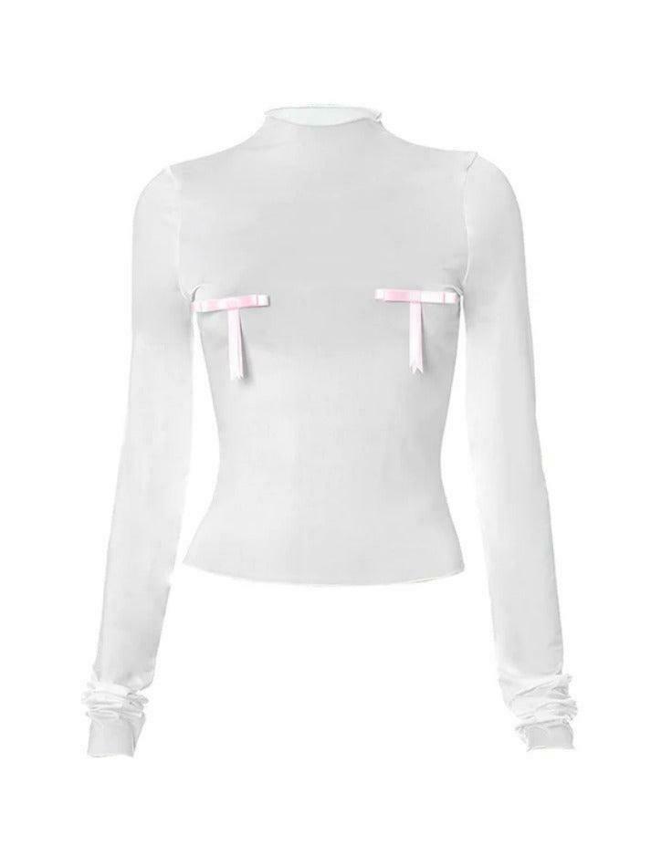 Coquette Aesthetic Solid Bow Decor Long Sleeve Tee