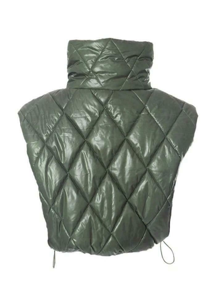 Coquette Aesthetic Solid Color Argyle High Neck Puffer Jacket