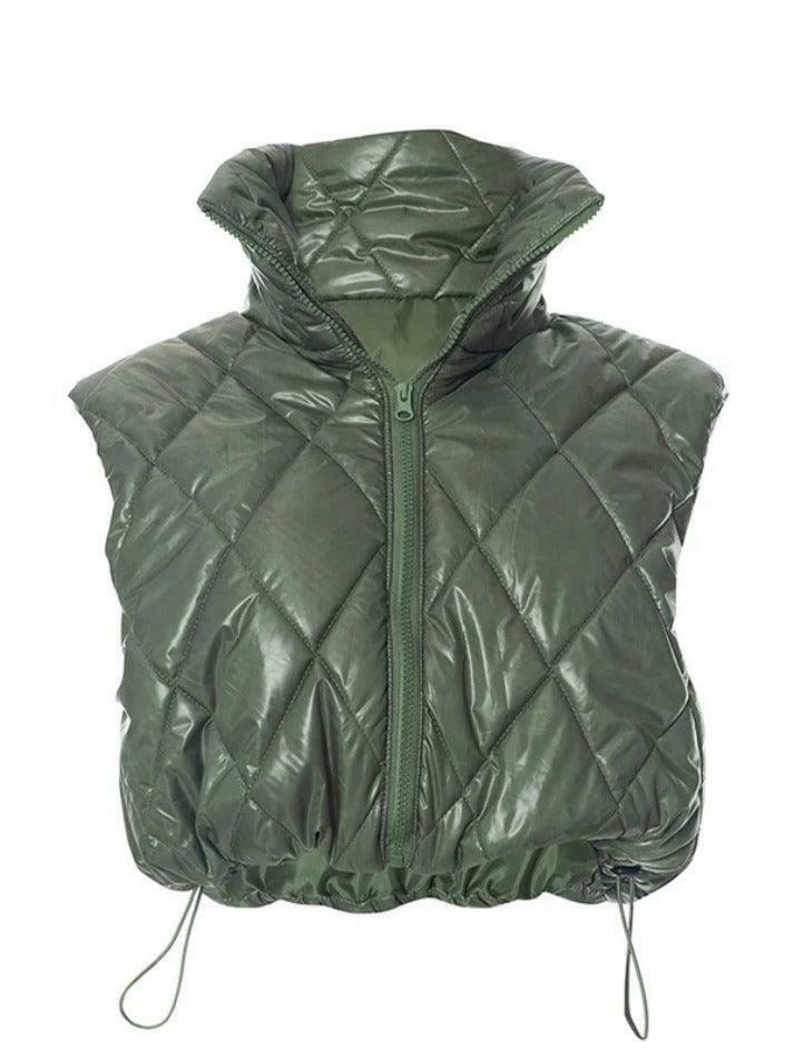 Coquette Aesthetic Solid Color Argyle High Neck Puffer Jacket