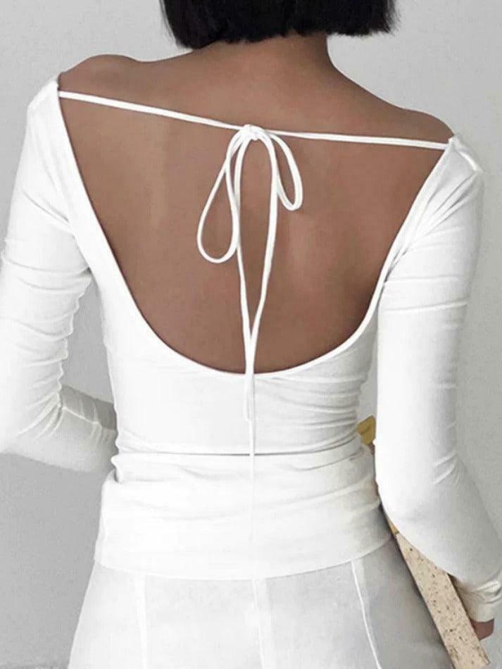 Coquette Aesthetic Solid Color Backless Lacing Long Sleeve Tee - Y2K Fashion Grunge Style