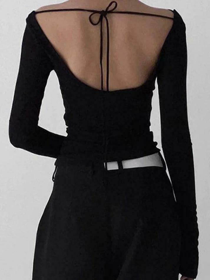 Coquette Aesthetic Solid Color Backless Lacing Long Sleeve Tee - Y2K Fashion Grunge Style