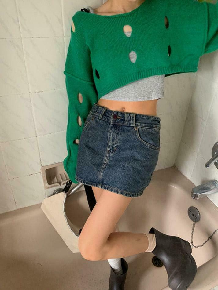 Coquette Aesthetic Solid Color Cutout Crop Long Sleeve Knit Sweater