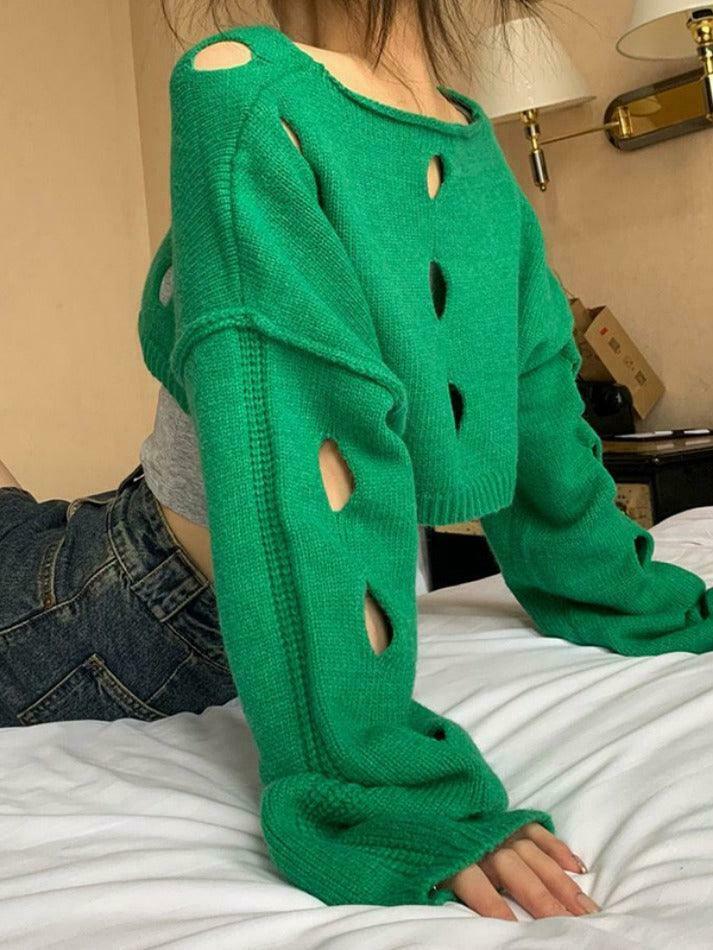 Coquette Aesthetic Solid Color Cutout Crop Long Sleeve Knit Sweater