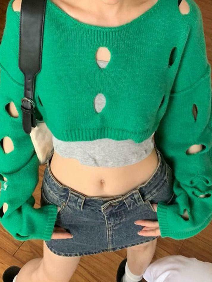 Coquette Aesthetic Solid Color Cutout Crop Long Sleeve Knit Sweater