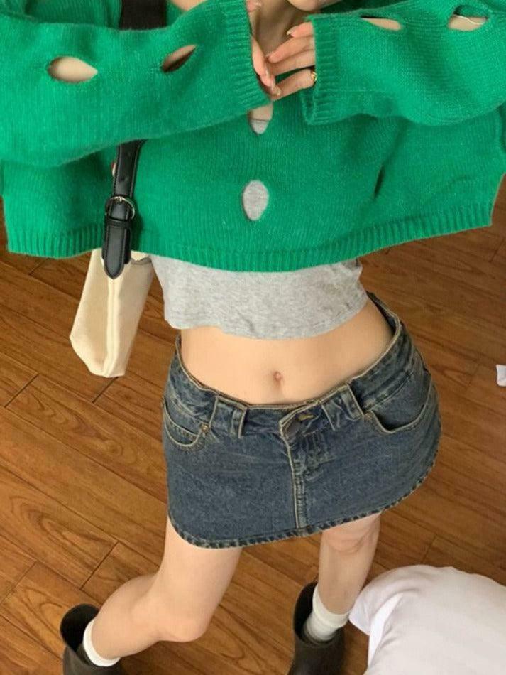 Coquette Aesthetic Solid Color Cutout Crop Long Sleeve Knit Sweater