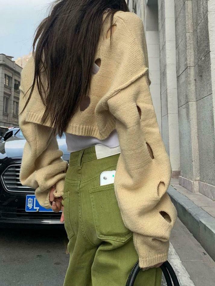 Coquette Aesthetic Solid Color Cutout Crop Long Sleeve Knit Sweater