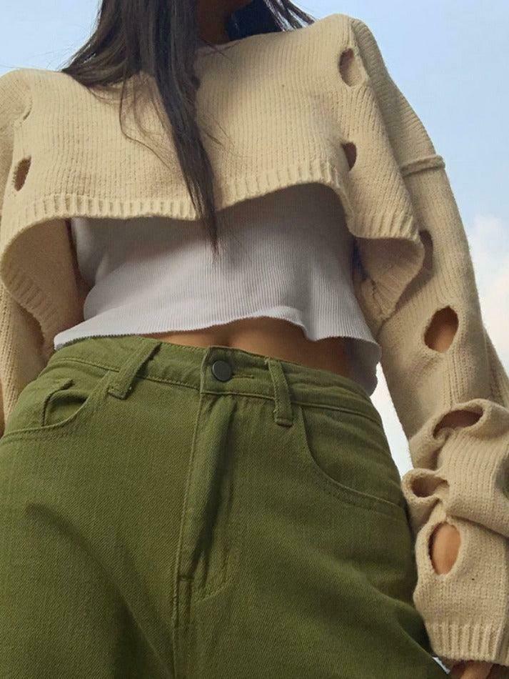 Coquette Aesthetic Solid Color Cutout Crop Long Sleeve Knit Sweater