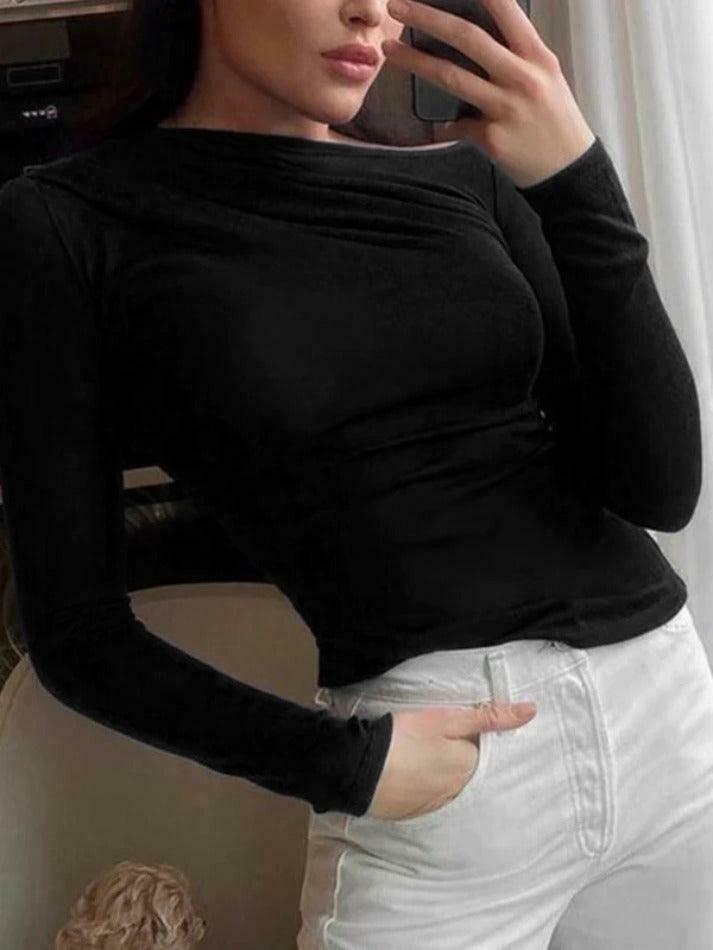 Coquette Aesthetic Solid Color Pleating Slim Long Sleeve Tee - Y2K Fashion Women's Top
