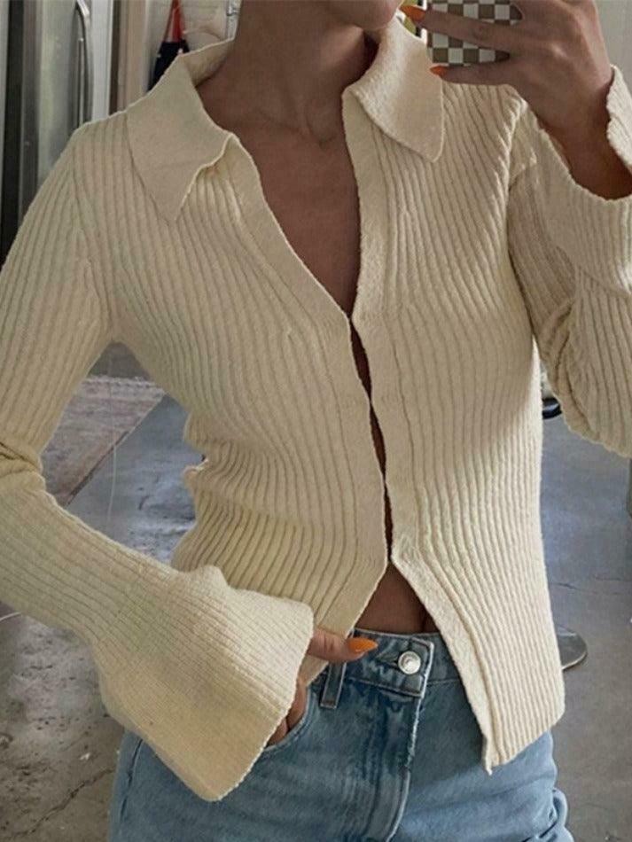 Coquette Aesthetic Solid Color Ribbed Flare Long Sleeve Shirt