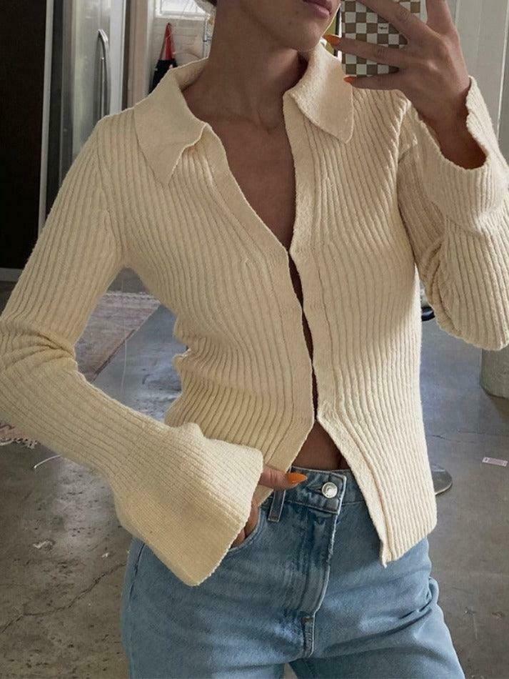 Coquette Aesthetic Solid Color Ribbed Flare Long Sleeve Shirt