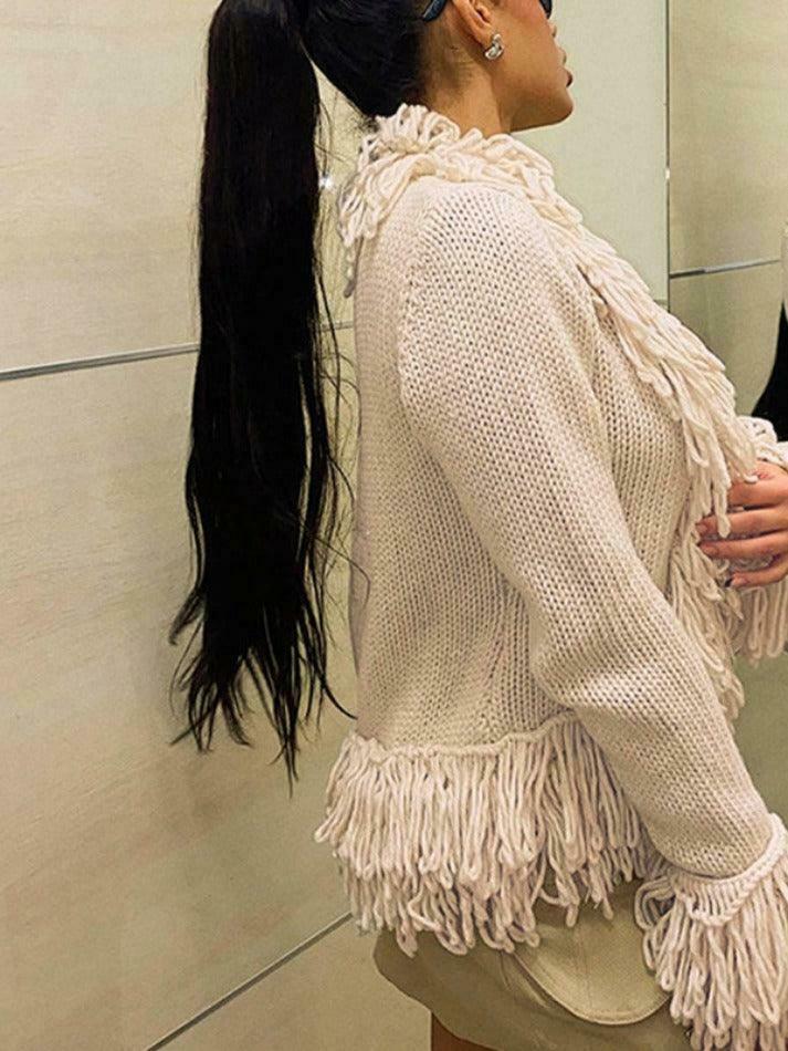 Coquette Aesthetic Solid Color Tassel Splice Cardigan - Y2K Fashion Women's Clothing