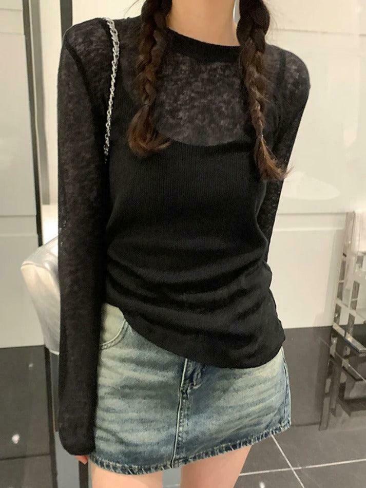 Coquette Aesthetic Solid Color Thin Long Sleeve Knit Sweater