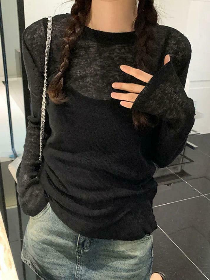 Coquette Aesthetic Solid Color Thin Long Sleeve Knit Sweater