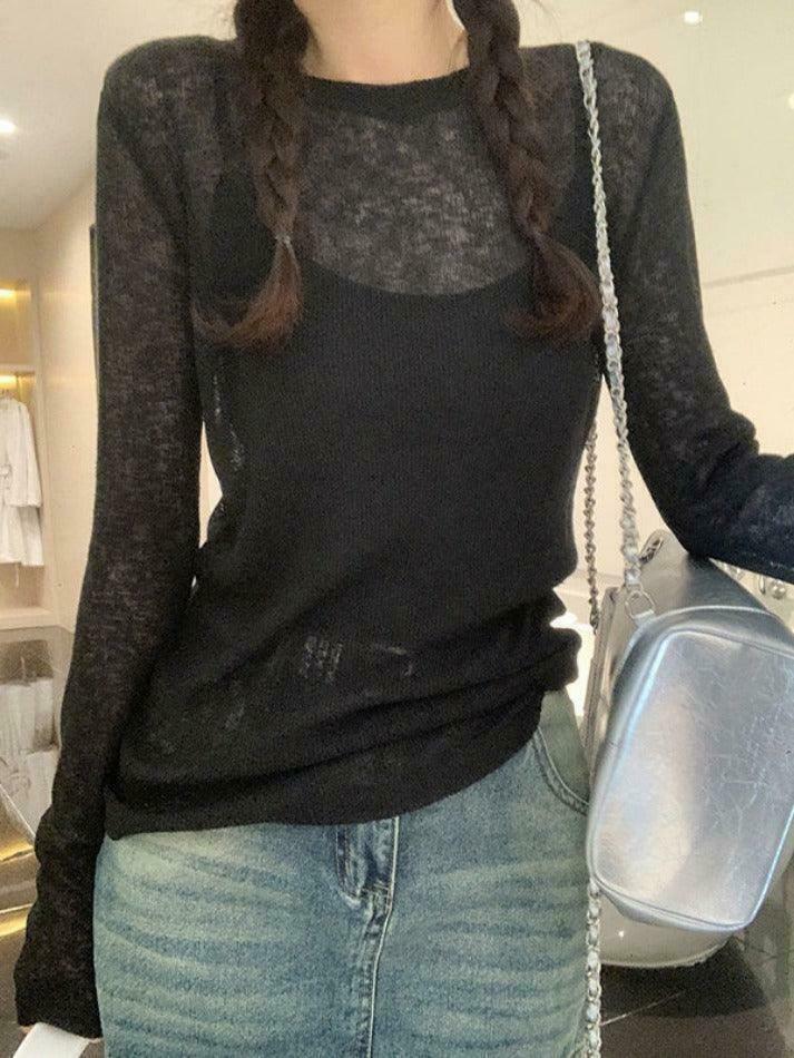 Coquette Aesthetic Solid Color Thin Long Sleeve Knit Sweater