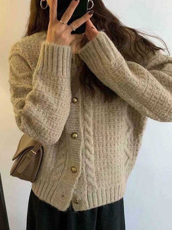 Coquette Aesthetic Solid Color Twist Knit Cardigan - Y2K Fashion Women's Clothing