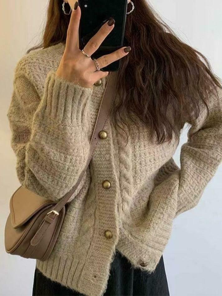 Coquette Aesthetic Solid Color Twist Knit Cardigan - Y2K Fashion Women's Clothing