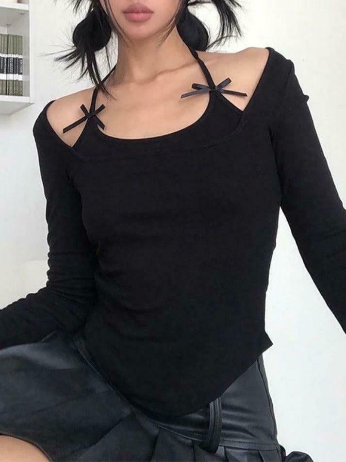 Coquette Aesthetic Solid Halter Bow Long Sleeve Tee - Y2K Fashion Women's Top