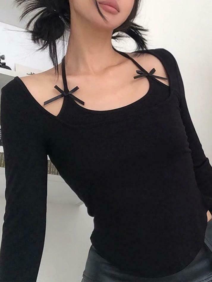 Coquette Aesthetic Solid Halter Bow Long Sleeve Tee - Y2K Fashion Women's Top