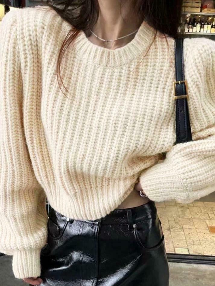 Coquette Aesthetic Solid Knit Sweater with Lantern Sleeves - Y2K Fashion for Women