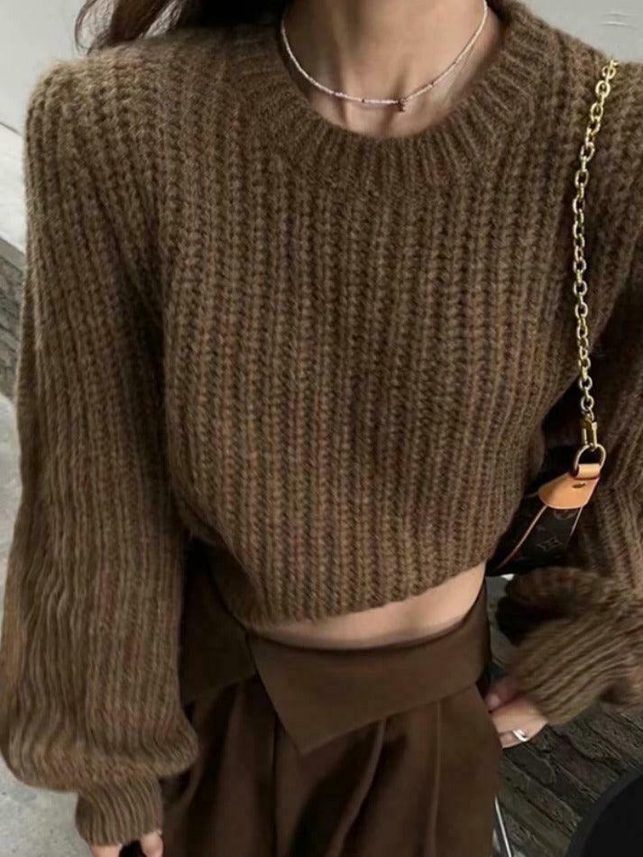 Coquette Aesthetic Solid Knit Sweater with Lantern Sleeves - Y2K Fashion for Women