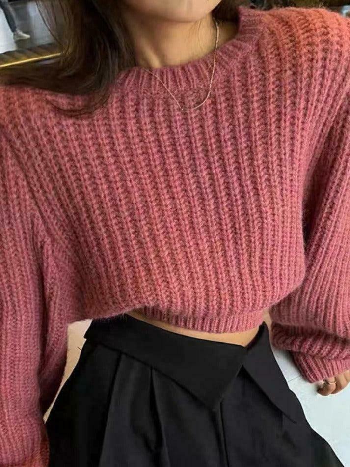 Coquette Aesthetic Solid Knit Sweater with Lantern Sleeves - Y2K Fashion for Women