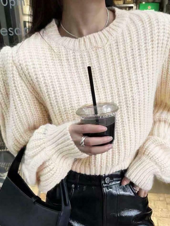 Coquette Aesthetic Solid Knit Sweater with Lantern Sleeves - Y2K Fashion for Women