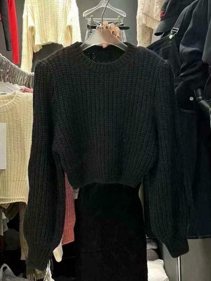 Coquette Aesthetic Solid Knit Sweater with Lantern Sleeves - Y2K Fashion for Women