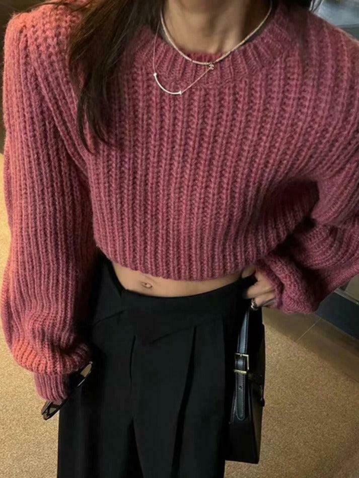 Coquette Aesthetic Solid Knit Sweater with Lantern Sleeves - Y2K Fashion for Women