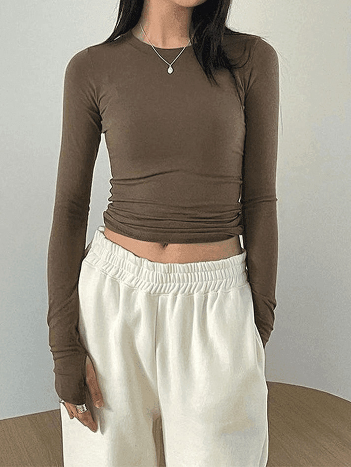 Coquette Aesthetic Solid Long Sleeve Crop Top in Y2K Style - Grunge & Pastel Goth Fashion