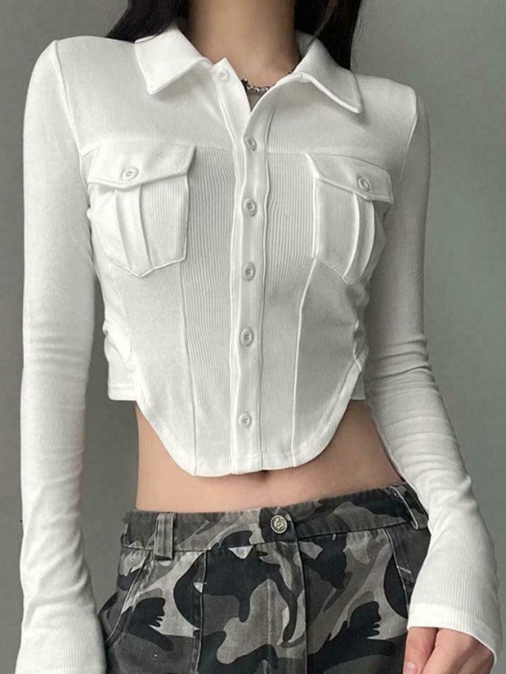 Coquette Aesthetic Solid Pocket Curvy Hem Polo Neck Long Sleeve Knit