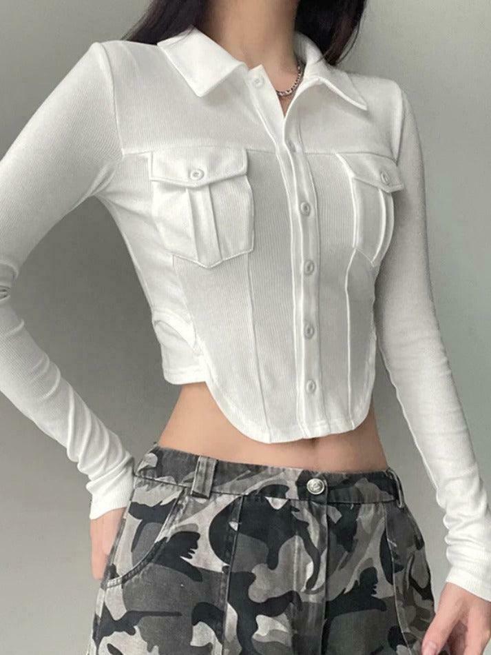Coquette Aesthetic Solid Pocket Curvy Hem Polo Neck Long Sleeve Knit