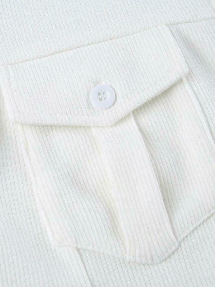 Coquette Aesthetic Solid Pocket Curvy Hem Polo Neck Long Sleeve Knit
