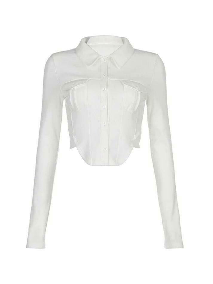 Coquette Aesthetic Solid Pocket Curvy Hem Polo Neck Long Sleeve Knit