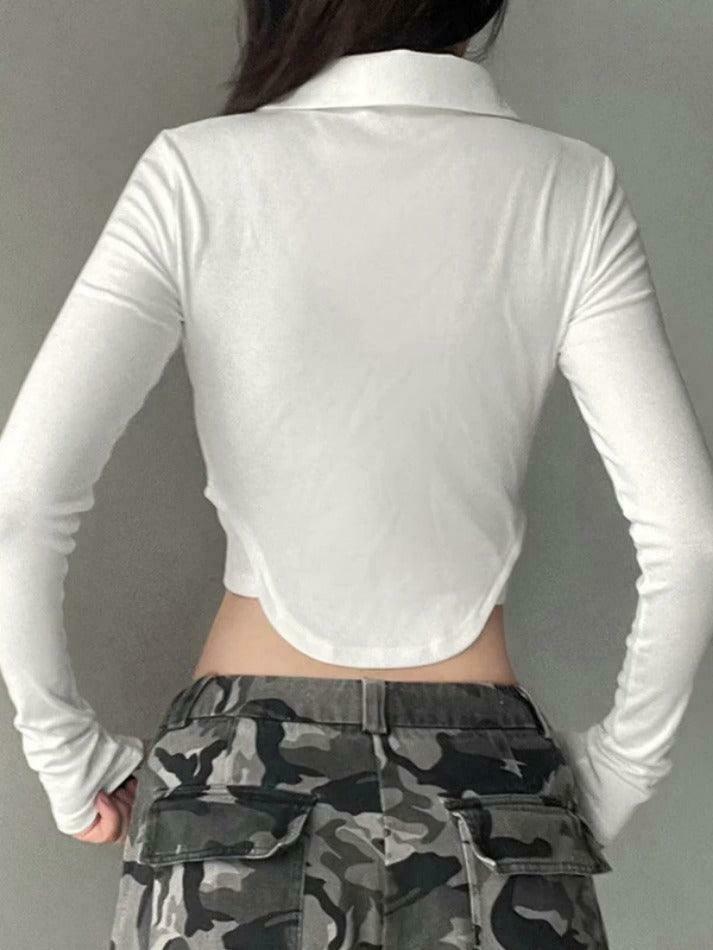 Coquette Aesthetic Solid Pocket Curvy Hem Polo Neck Long Sleeve Knit